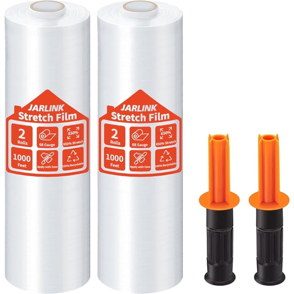 2 Pack Stretch Film, 15" x 1000ft Shrink Wrap for Pallet Wrap, Industrial Strength Stretch up to 650% Stretch with Handles, Self Adhering Packaging Heavy Duty Film for Moving, 68 Gauge, Clear