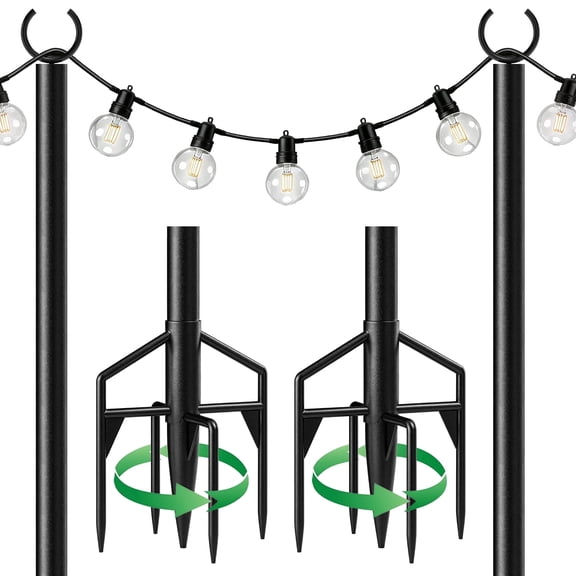 String Light Poles 2 Pack, Heavy Duty Outdoor Light Poles with Upgraded 5‑Prong Base, Anti‑Bending Stable Design for Backyard Patio Garden Wedding Party Decoration