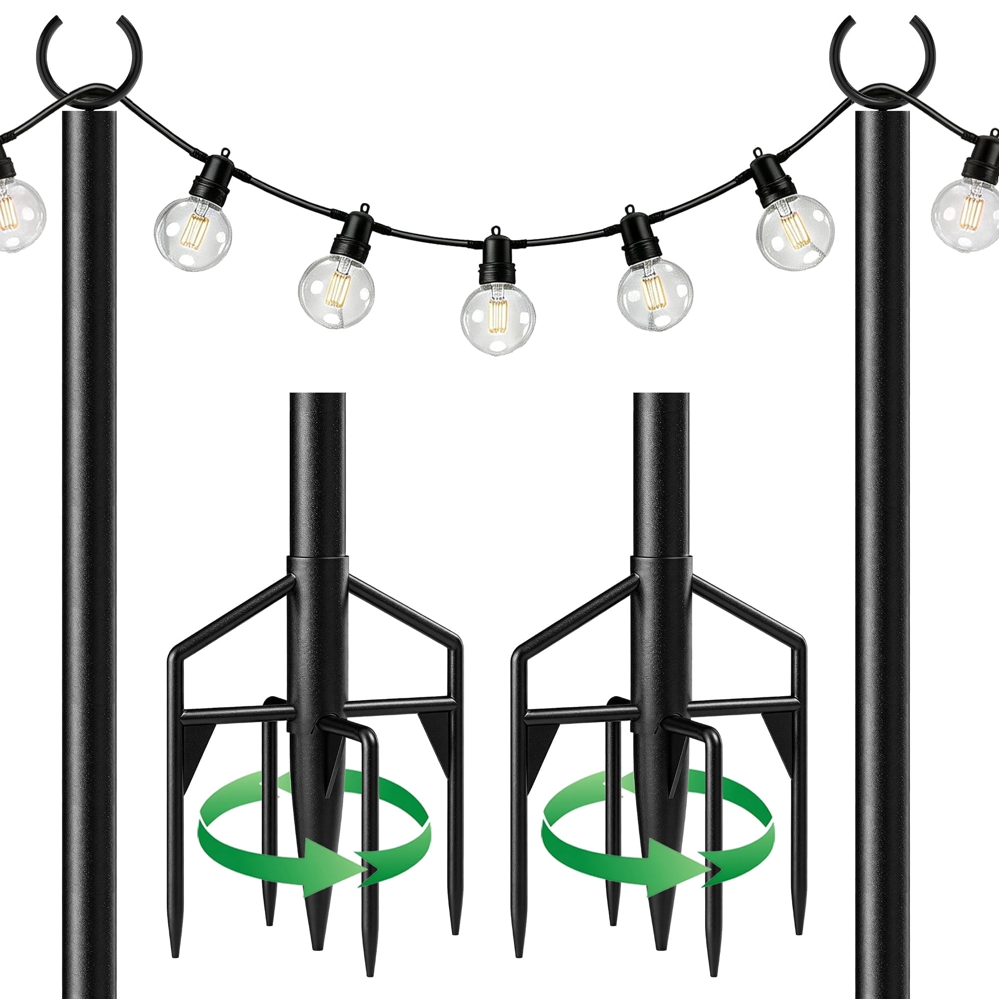 String Light Poles 2 Pack, Heavy Duty Outdoor Light Poles with Upgraded 5‑Prong Base, Anti‑Bending Stable Design for Backyard Patio Garden Wedding Party Decoration