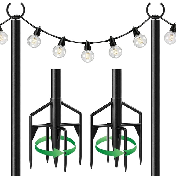 String Light Poles 2 Pack, Heavy Duty Outdoor Light Poles with Upgraded 5‑Prong Base, Anti‑Bending Stable Design for Backyard Patio Garden Wedding Party Decoration