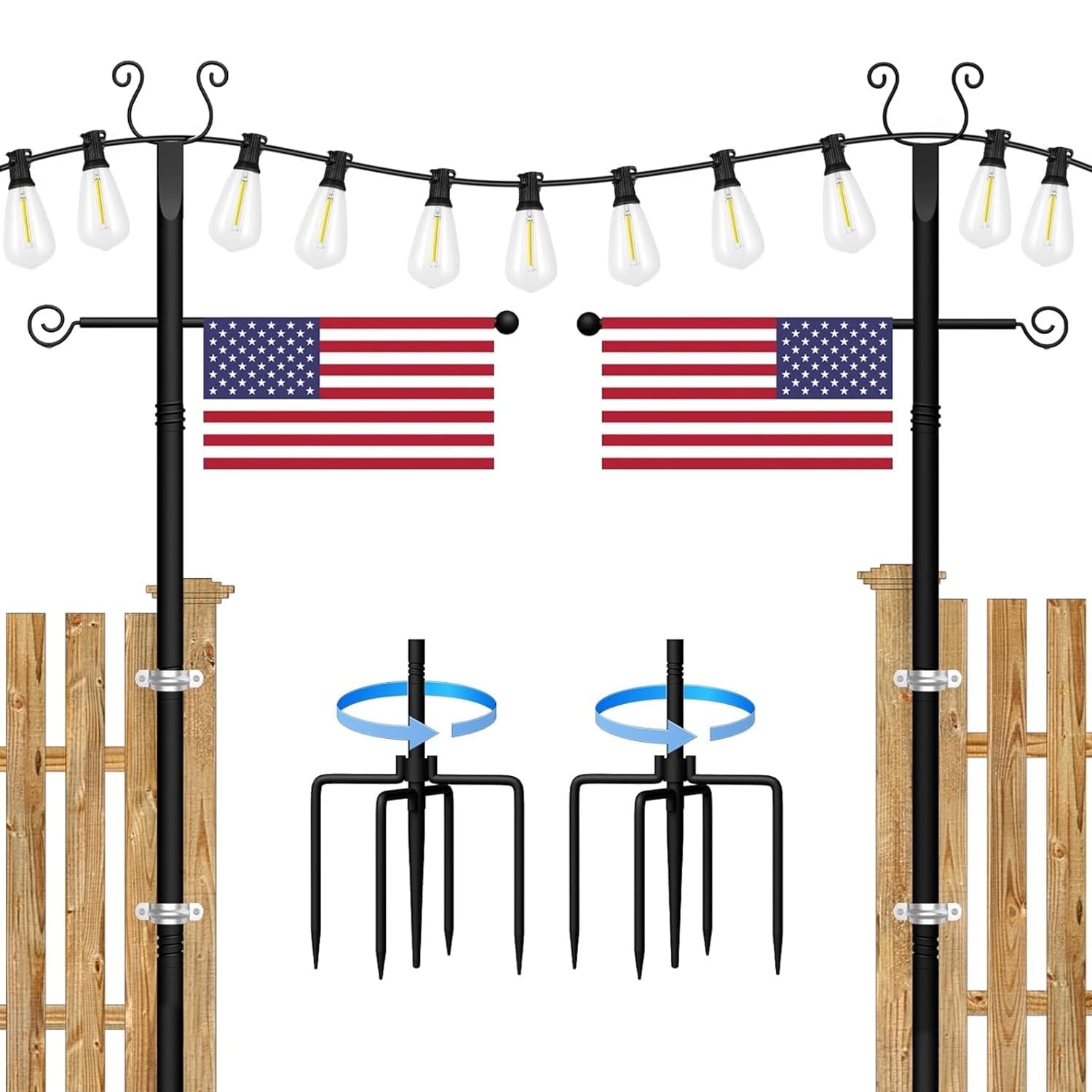 2-Pack Outdoor String Light Pole, 10FT Waterproof Heavy-Duty Metal Poles fo Outside Garden Backyard Deck,Rustproof And Sturdy With Hooks.