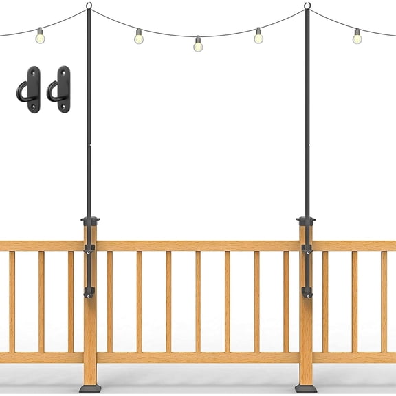 2 Pack String Light Poles - Stainless Steel 6.5FT Deck Lights Poles with 2 Wall Hooks for Outdoor Light, String Lights, with SS Screws for Wood Posts Deck Decor (Black)