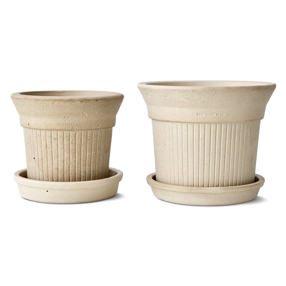 2 Pack Striped Ceramic Planters 6 Inch and 8 Inch Indoor Outdoor Flower Pots with Saucers, Modern Decorative Plant Pots with Drainage Holes for Home Garden Patio