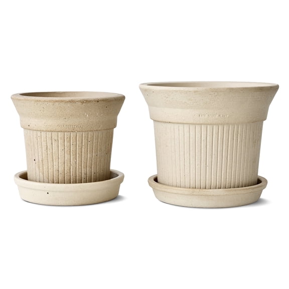 2 Pack Striped Ceramic Planters 6 Inch and 8 Inch Indoor Outdoor Flower Pots with Saucers, Modern Decorative Plant Pots with Drainage Holes for Home Garden Patio