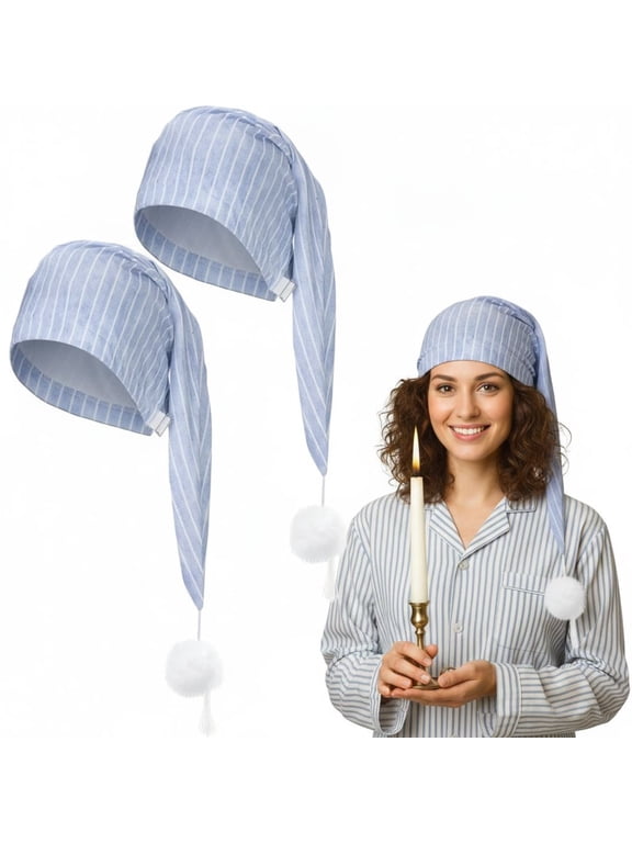 2 Pack Striped Pom Ball Night Caps, Soft Adjustable Unisex Sleep Hats For Bedroom Use Holiday Costume Party