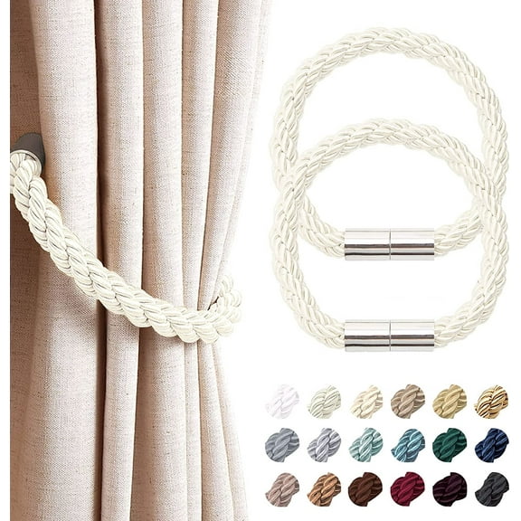2 Pack Strong Magnetic Curtain Tiebacks Modern Simple Style Drape Tie Backs Convenient Decorative Weave Rope Curtain Holdback for Thin or Thick Home & Office Window Drapery (Creamy-white)