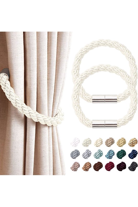 2 Pack Strong Magnetic Curtain Tiebacks Modern Simple Style Drape Tie Backs Convenient Decorative Weave Rope Curtain Holdback for Thin or Thick Home & Office Window Drapery (Creamy-white)