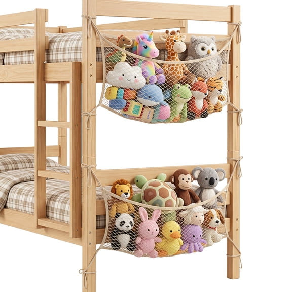 2 Pack Stuffed Animal Storage Net for Kids, Bedside Toy Organizer Net - Neatly Store Your Stuffed Animals, Cotton Bedside Stuffed Animal Storage Net with Tether, Stretches up to 35 Inches, Beige