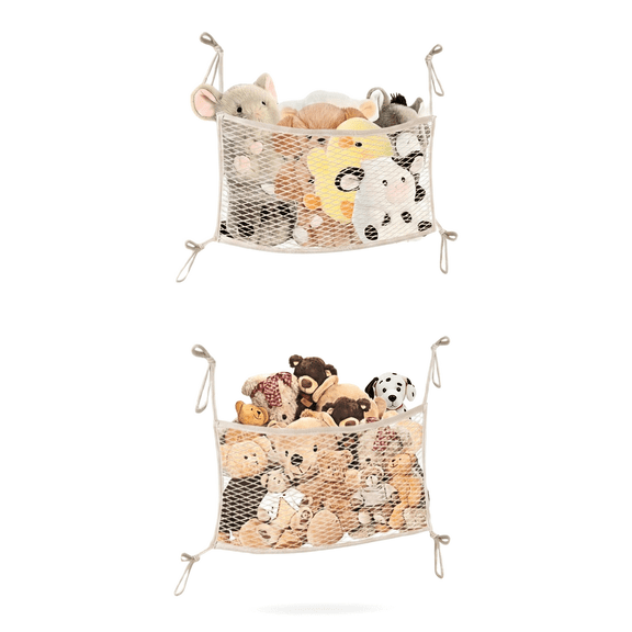 2 Pack Stuffed Animal Storage Net for Kids - Cotton Bedside Toy Organizer & Stuffed Animal Storage Hammock with Tether, Stretches up to 32 Inches, Beige