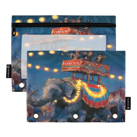 2-Pack Sturdy Binder Pouches for 3 Ring with Clear View Window Large Pencil Pouch with Zipper, Circus Elephant Printed