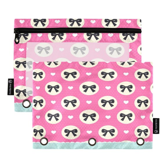 2-Pack Sturdy Binder Pouches for 3 Ring with Clear View Window Large Pencil Pouch with Zipper, Pink-bow-prints Printed