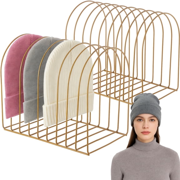 2 Pack Sturdy Iron Hat Storage Rack, 26cm Multi-Purpose Desktop Organizer for Caps, Beanies & Hats, Long-Lasting Metal Display Stand with Winter Swimming Design, Gold