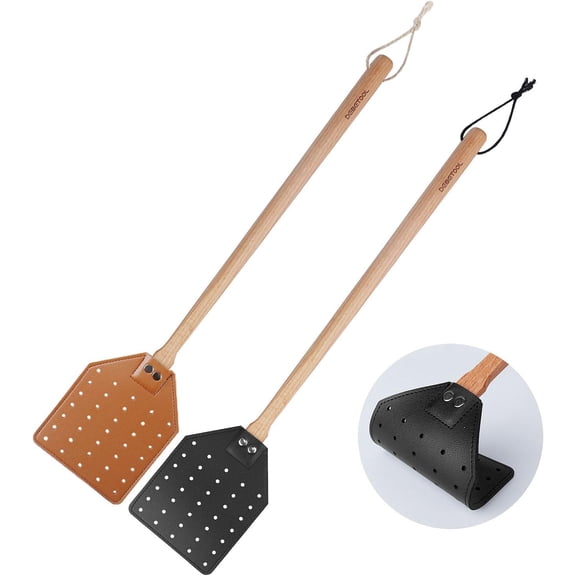 2 Pack Sturdy Leather Fly Swatter for Indoors - (19.7)Long Handle Heavy Duty Wood Fly Swatter With Hanging Rope, Durable Fly Swatter for Outdoor Rustic Bug Swatter Flies,Mosquitoes And Bees