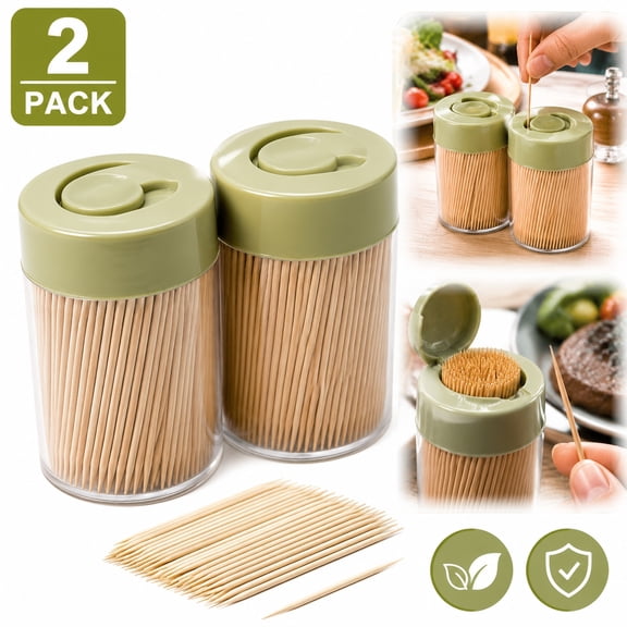 2-Pack Sturdy Safe Toothpick Holder with 1000 Natural Toothpicks - Home Decoration & Unique Gift, Teeth Cleaning Organizer with Secure Cover Design