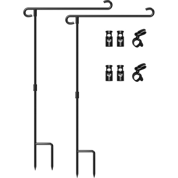 2 Pack Sturdy Wrought Iron Garden Flag Stand, Easy Assembly Flag Holder with S-Type Curved Hook & 1 Tiger Clip, Fits 12.5"x18" Mini Flags for Outdoor Lawn Yard Decor