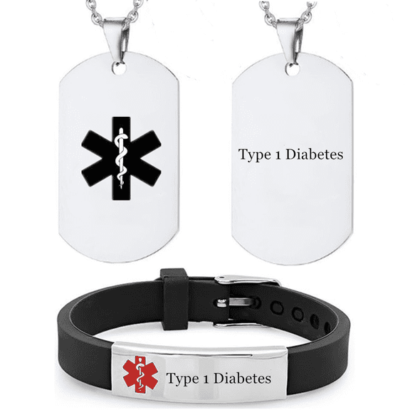 2 Pack Stylish Medical Alert Bracelet Necklace, Personalized Health Condition Identification Awareness Silicone Wrist Band & Pendant, Medic Alarm Emergency Jewelry Set for Kids Women Men