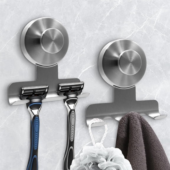 2 Pack Suction Cup Razor Holder for Shower,Heavy-Duty 7KG Powerful Vacuum Suction Hooks for Razor,Towel,Loofah,Removable Damage-Free Metal Shower Hook,Shaver Holder (Silver)