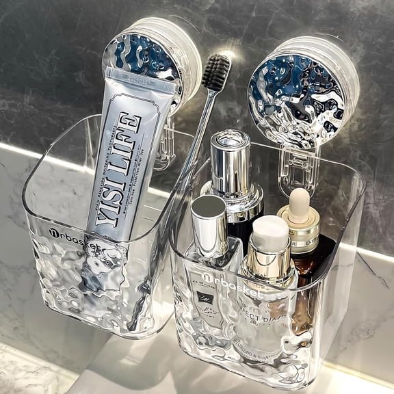 2 Pack Suction Cup Shower Caddy, Wall Mounted Suction Electric Toothbrush Holder for Bathroom, Clear Shower Rack with 2 Movable Hooks, Toothpaste and Razors Shower Organizer