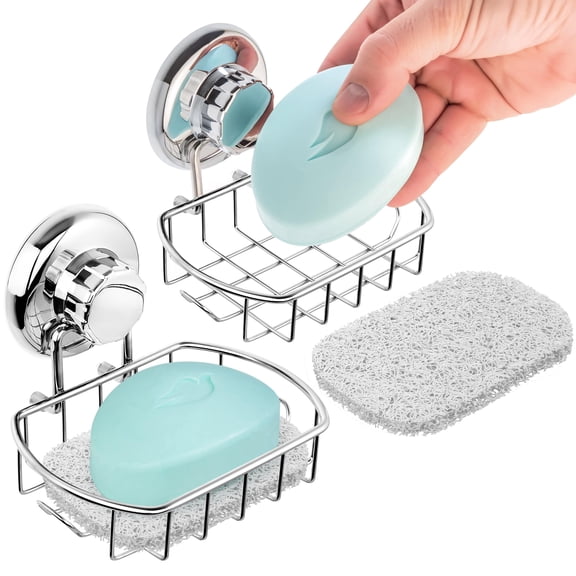 2-Pack Suction Cup Soap Holder Bar Soap Dish for Shower with Hooks for Bathroom Optional Mounting with Adhesive Tape or Glue Includes 2 Soap Savers Polished Stainless Steel SS304
