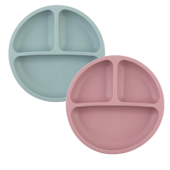 2 Pack Suction Plates for Babies & Toddlers, Food Grade Silicone Dinnerware Stays Put - 3 Compartments Divided  - Dishwasher & Microwave Safe-Blue+Rose