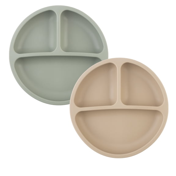 2 Pack Suction Plates for Babies & Toddlers, Food Grade Silicone Dinnerware Stays Put - 3 Compartments Divided  - Dishwasher & Microwave Safe-Grey+Green