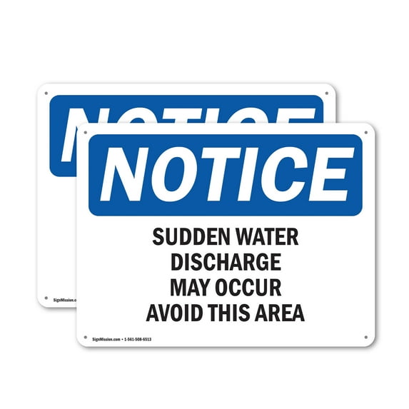 (2 Pack) Sudden Water Discharge May Occur Avoid This Area OSHA Notice Sign 18 Inch X 12 Inch Indoor / Outdoor Rust-Free Aluminum Metal Signs for Workplace, Workshop, and Construction Site