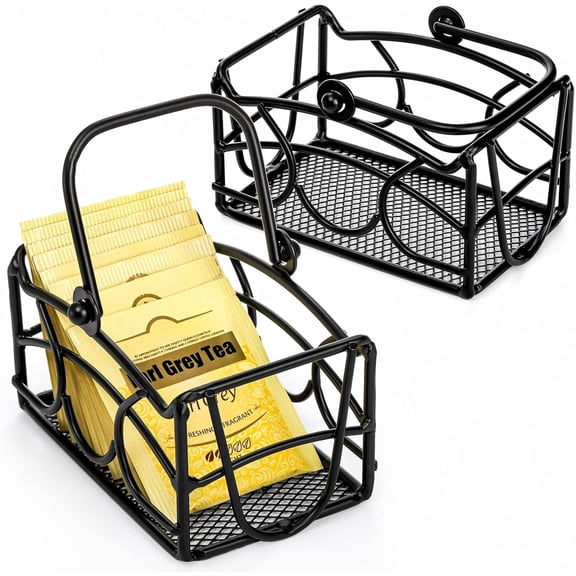 2 Pack Sugar Packet Basket with Handle, Black Metal Sugar Caddy Small Sugar Packet Holder, Sweetener Packet Container Countertop Coffee Tea Sugar Creamer Organizer for Cafe, Home