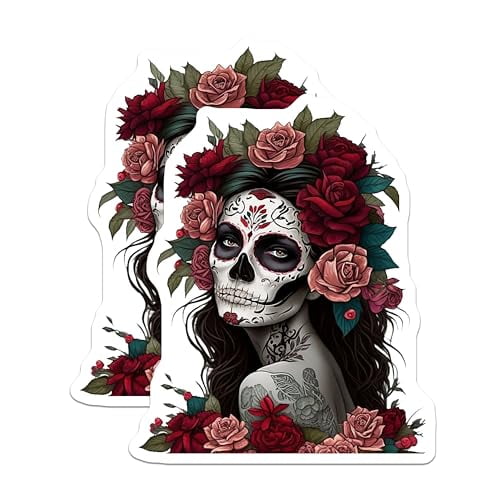 (2 Pack) Sugar Skull Woman Magnets Magnets - Day of The Dead Decoration - Floral Skull Art - 5" On Longest Side - Made in USA - Sticks to Refrigerators & Metal Surfaces - MAG9201
