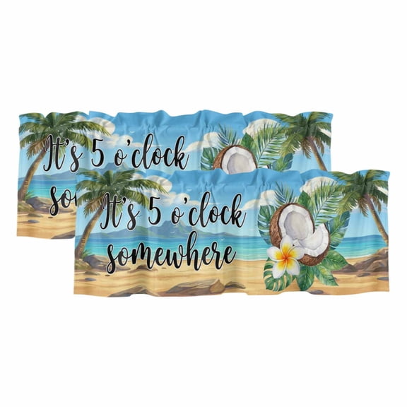 2 Pack Summer Beach Valance for Window It's 5 O'clock Somewhere Tropical Coconut Floral Kitchen Valance Rod Pocket Short Curtain Topper Decorative Window Treatment for Living Room Bedroom 42"x12"