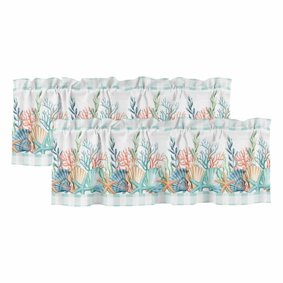 2 Pack Summer Beach Valance for Window Ocean Colorful Coral Shell Starfish Seaweed Green Plaid Kitchen Valance Rod Pocket Short Curtain Topper Decorative Window Treatment for Living Room 42"x12"
