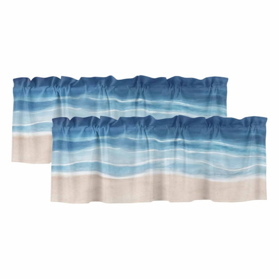 2 Pack Summer Blue Beach Valance for Window Coastal Nautical Watercolor Gradient Ocean Sea Waves Kitchen Valance Rod Pocket Short Curtain Topper Decorative Window Treatment for Living Room 42"x12"