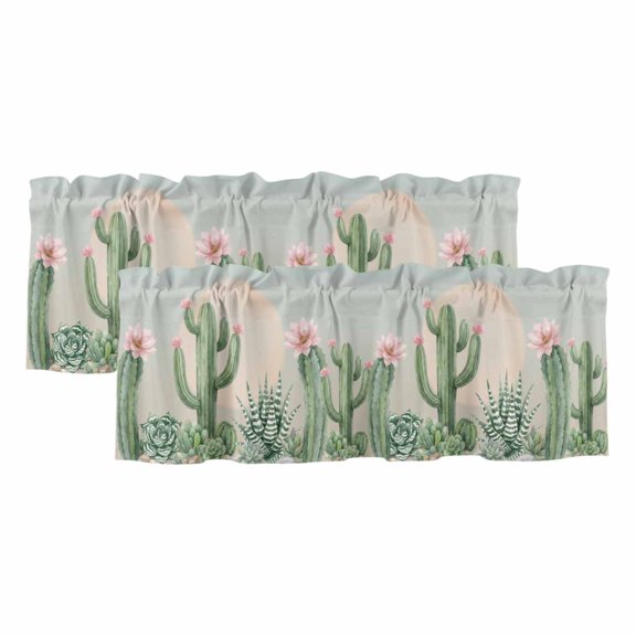 2 Pack Summer Cactus Valance for Window Pink Flower Tropical Plants Sunset Watercolor Kitchen Valance Rod Pocket Short Curtain Topper Decorative Window Treatment for Living Room Bedroom 42"x12"