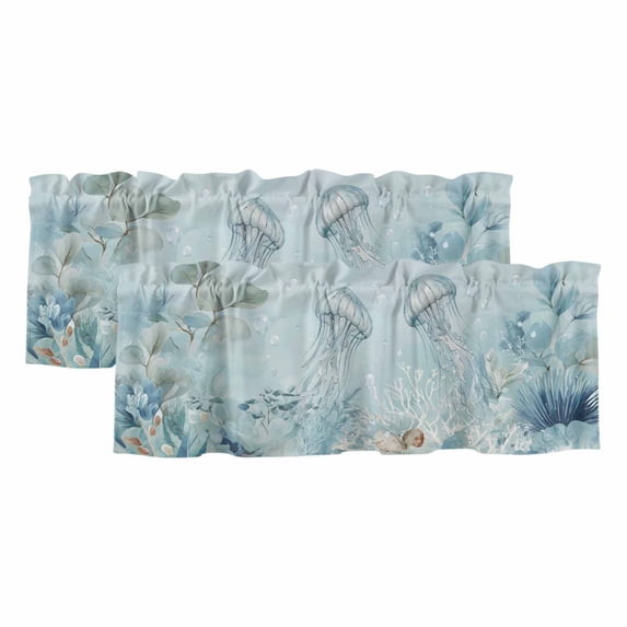 2 Pack Summer Coastal Valance for Window Ocean Jellyfish Nautical Coral Eucalyptus Leaves Kitchen Valance Rod Pocket Short Curtain Topper Decorative Window Treatment for Living Room Bedroom 42"x18"