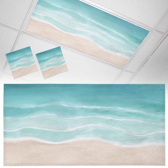 2 Pack Summer Green Beach Fluorescent Light Covers for Ceiling Lights Coastal Nautical Watercolor Gradient Ocean Waves Magnetic Ceiling Light Covers Overhead Light Filters for Office Classroom Home