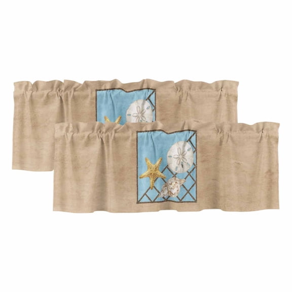 2 Pack Summer Marine Life Valance for Window Coastal Starfish Ocean Conch Rope Border Kitchen Valance Rod Pocket Short Curtain Topper Decorative Window Treatment for Living Room Bedroom 42"x18"