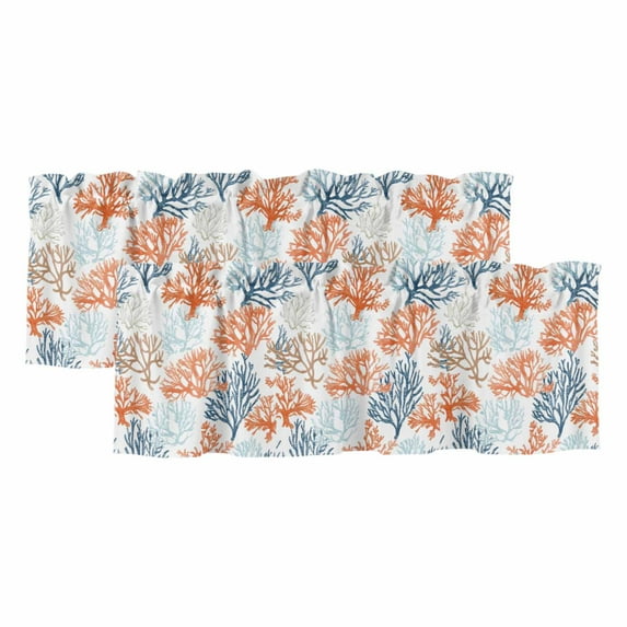 2 Pack Summer Ocean Valance for Window Orange Teal Blue Coral Coastal Nautical Kitchen Valance Rod Pocket Short Curtain Topper Decorative Window Treatment for Living Room Bedroom 54"x18"