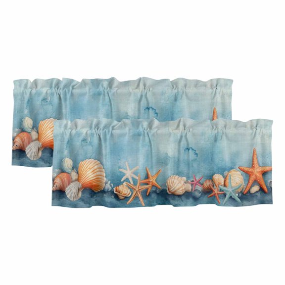 2 Pack Summer Ocean Valance for Window Watercolor Starfish Shell Linen Texture Kitchen Valance Rod Pocket Short Curtain Topper Decorative Window Treatment for Living Room Bedroom 60"x18"