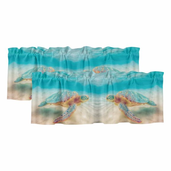 2 Pack Summer Sea Turtles Valance for Window Teal Blue Underwater Marine Life Sea Wave Kitchen Valance Rod Pocket Short Curtain Topper Decorative Window Treatment for Living Room Bedroom 42"x12"