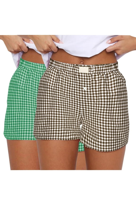2 Pack Summer Shorts for Women Cotton Pajama Lounge Sleep Pj Gingham Plaid Shorts Casual Hot Pants Comfy Plaid Printed Hotpants Straight Leg Short Pants Pyjamas Bottoms Nightwear
