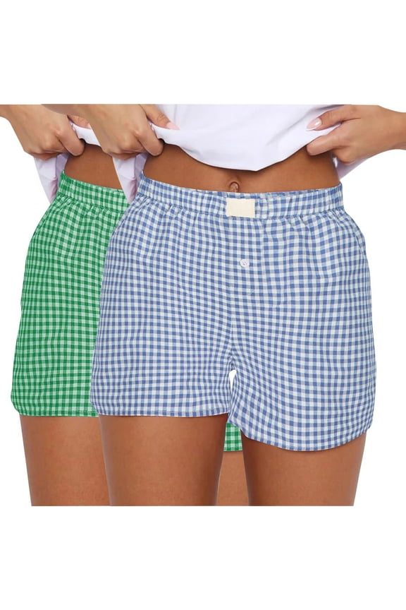 2 Pack Summer Shorts for Women Cotton Pajama Lounge Sleep Pj Gingham Plaid Shorts Casual Hot Pants Comfy Plaid Printed Hotpants Straight Leg Short Pants Pyjamas Bottoms Nightwear
