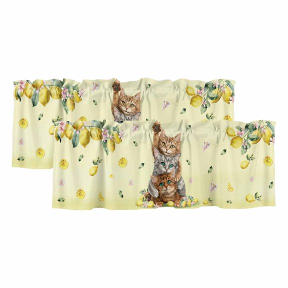 2 Pack Summer Valance for Window Three Cute Cats with Lemons Fruit Leaves Yellow Theme Kitchen Valance Rod Pocket Short Curtain Topper Decorative Window Treatment for Living Room Bedroom 42"x12"