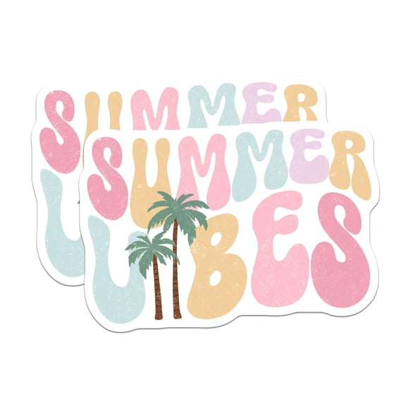 (2 Pack) Summer Vibes Stickers - Retro Beach Stickers - Palm Tree Sticker - 5" On Longest Side - Sticks to Smooth Flat Surfaces - Made in USA - BMCS18759