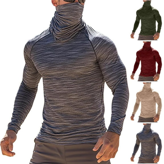 2 Pack Sun Protection Shirts for Men Turtleneck Long Sleeve T-Shirts Mens Casual Solid Color Stretchy Slim-Fit Pullover Basic Hiking Fishing UV Shirt Tops