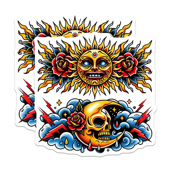 (2 Pack) Sun and Moon Magnets - Skull Moon Decor - Traditional Tattoo Art - 5" On Longest Side - Sticks to Smooth Flat Surfaces - Made in USA