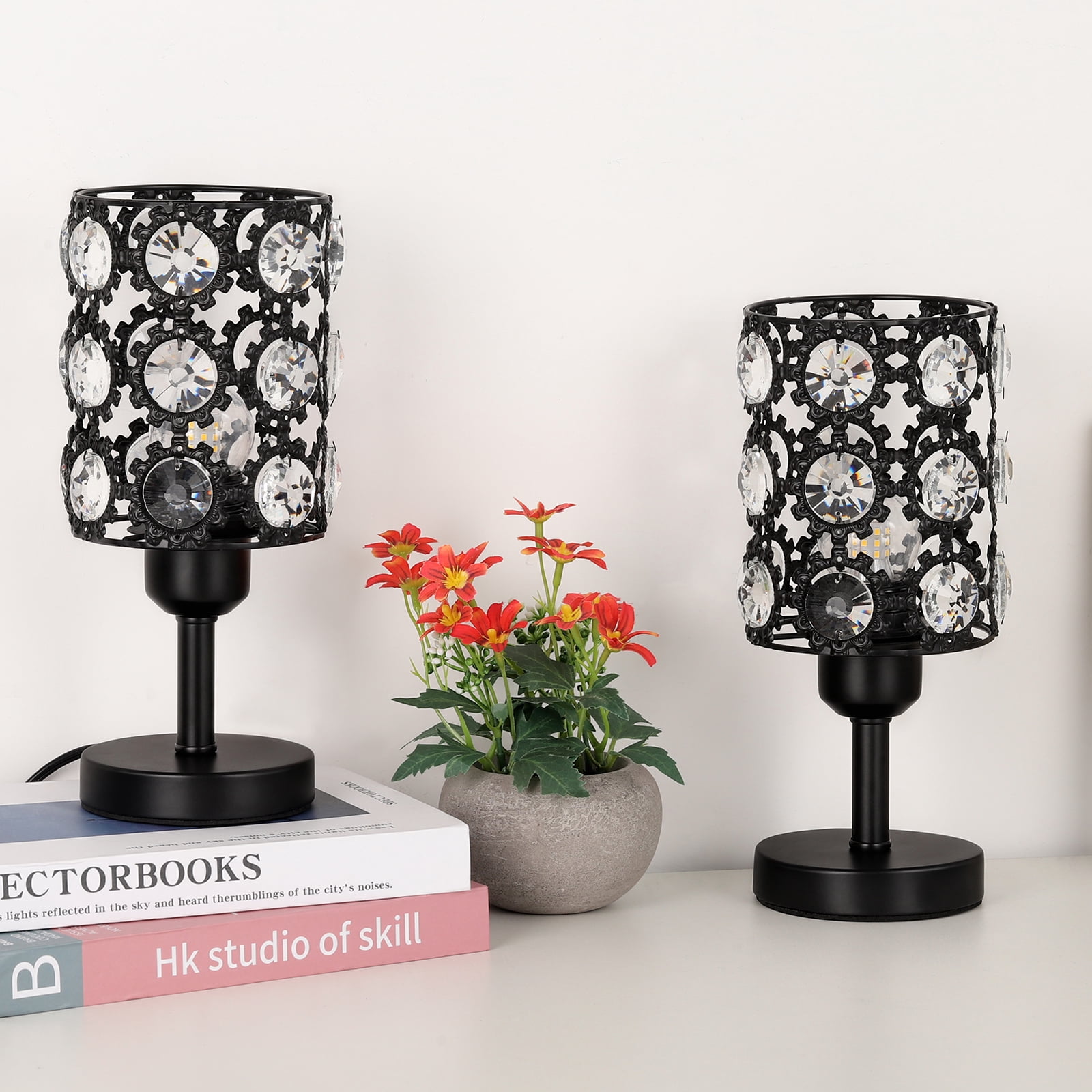2-Pack Sunflower Black Crystal Table Lamps - Decorative Black Metal & Crystal Shade Lamps for Bedroom & Living Room