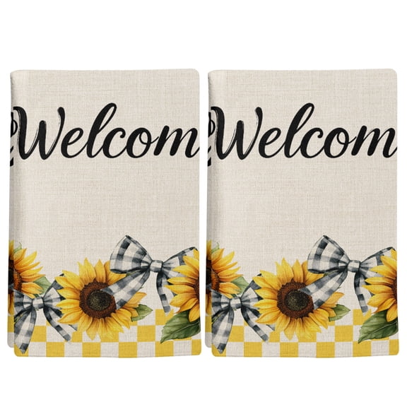 2 Pack Sunflower Kitchen Towels Welcome Bow Yellow Buffalo Plaid Rustic Linen Decorative Dish Towel Sets Absorbent Quick Dry Hand Cloths Tea Towels for Cooking Baking Farmhouse Gifts 18x28in