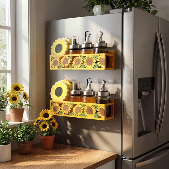 2 Pack Sunflower Magnetic Spice Rack for Refrigerator Metal Magnet Basket Shelf for Fridge Seasoning Storage Organizers Home Decor Kitchen Accessories (White)