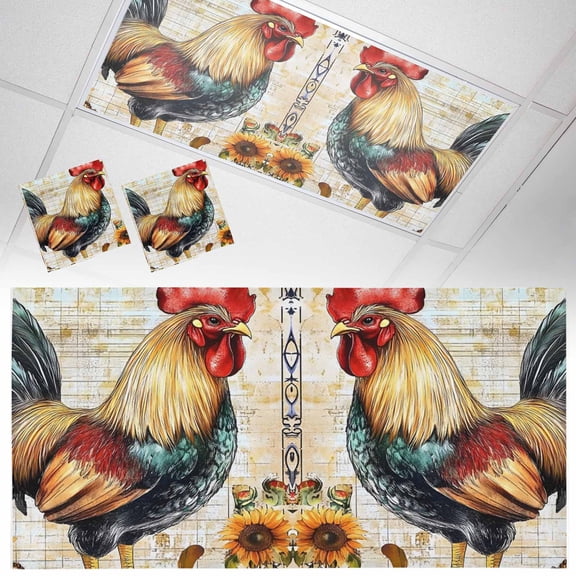 2 Pack Sunflower Rooster Fluorescent Light Covers for Ceiling Lights Vintage Flower Farm Watercolor Texture Magnetic Ceiling Light Covers Overhead Light Filters for Office Classroom Home