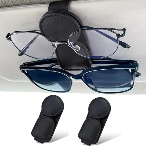 2 Pack Sunglasses Holder for Car Visor, Magnetic Leather Sunglass Eyeglass Hanger Clip for Car Sun Visor Accessories (2, Black)