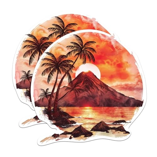 (2 Pack) Sunset with Volcano and Palm Trees - Beautiful Nature Sunset with Ocean Sticker - 5 Inches On Longest Side - Premium Vinyl - for Cars, Trucks, Skateboards, Laptops - Made in USA - BMCS1735